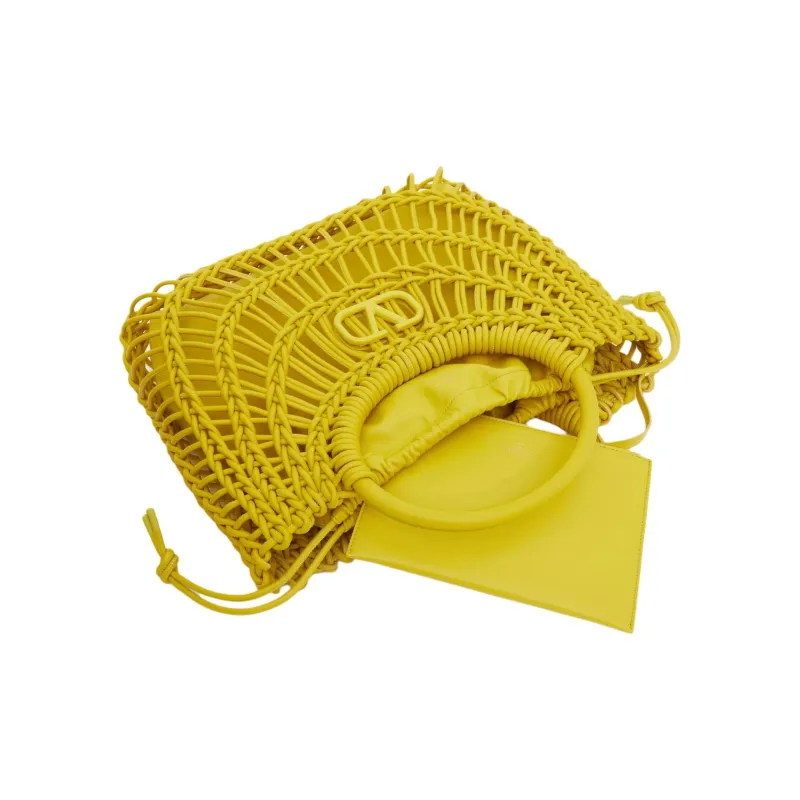 Valentino Woven Leather Tote Bag Shopping Bag Handbag Women's Cedar Yellow-4