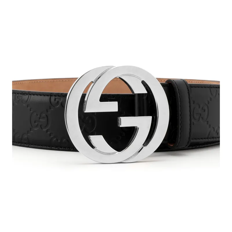 GUCCI Suede Lining Double G Signature Cow Leather Belt Men's Black Width 4cm-2