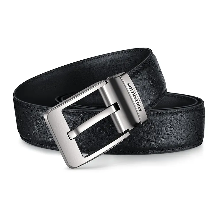 AUGTARLION Solid Color With Print Letter Pin Buckle Cow Leather Leather Belts Men's Black Width  3.5cm-1