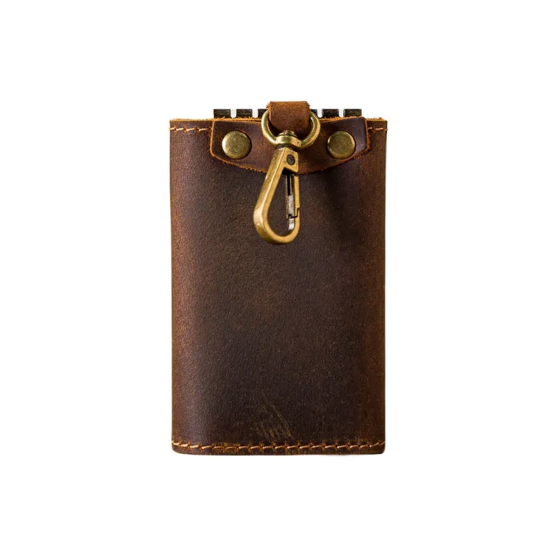 Back Step Top Grain Cow Leather, Genuine Leather Key Card Holder Regular Unisex Coffee-2