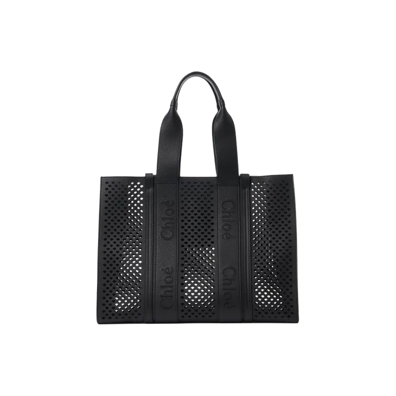 Chloe Woody Grain Calfskin Tote Bag, Shopping Bag, Handbag Tubas Women's Black-0