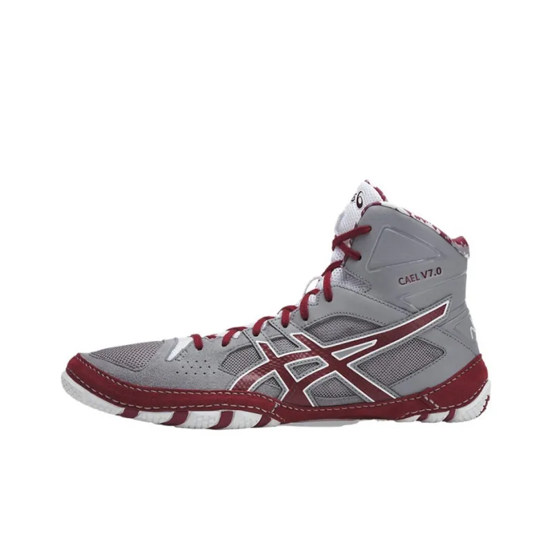 Asics Cael V7.0 Wear-Resistant Breathable Slip-Resistant High-Top Running Shoes Men's Gray Red-0