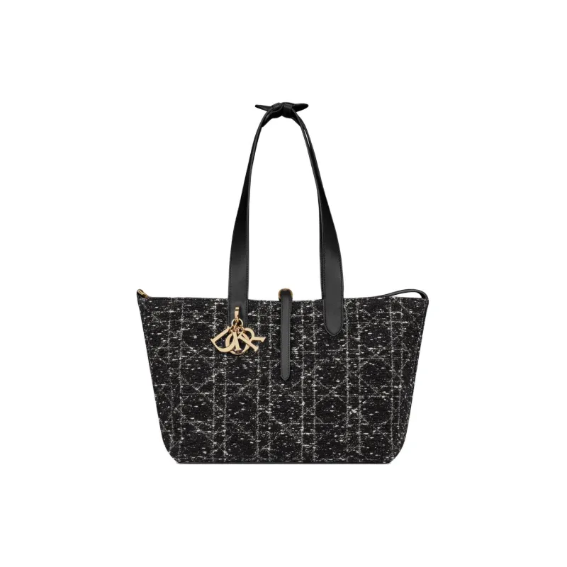 DIOR Tweed Embroidery Tote Bag Shopping Bag Handbag Shoulder Bag Medium Size Women's Black-2