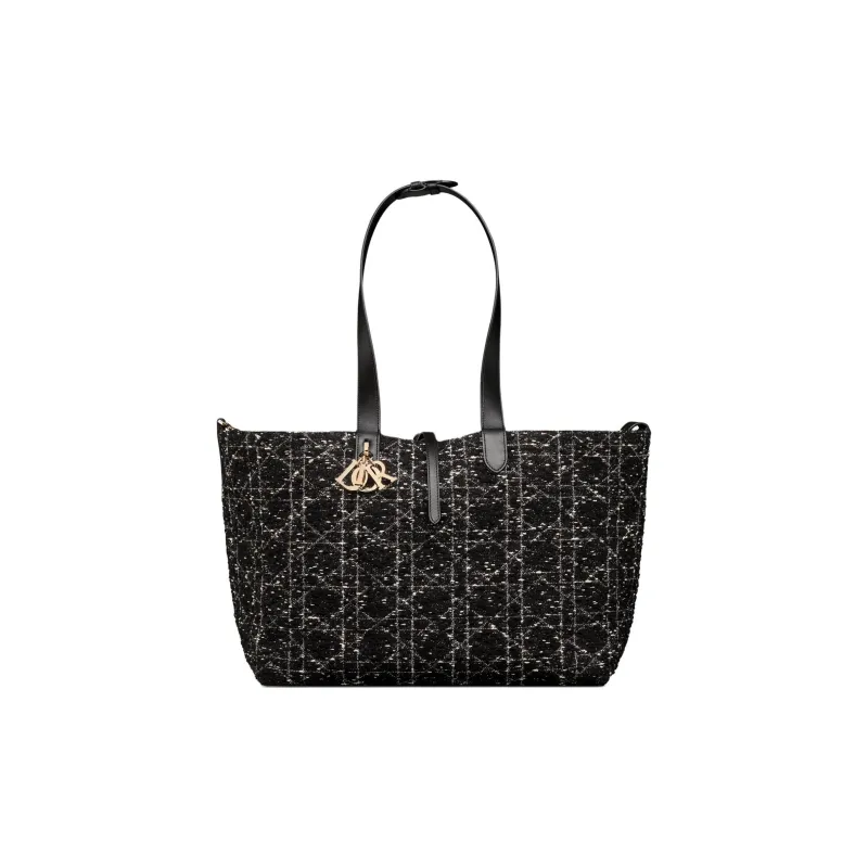 DIOR Rattan Pattern Checkered Tweed Tote Bag, Shopping Bag, Indigenous Bag, Handbag Large Size Women's Black-2