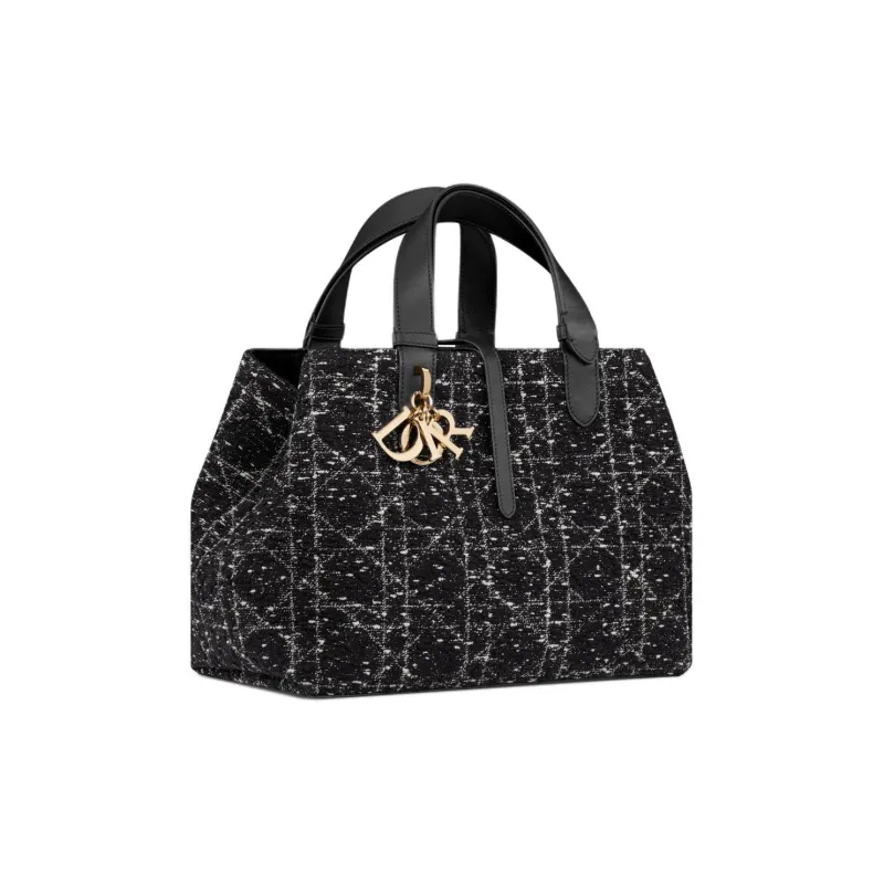 DIOR Tweed Embroidery Tote Bag Shopping Bag Handbag Shoulder Bag Medium Size Women's Black-3