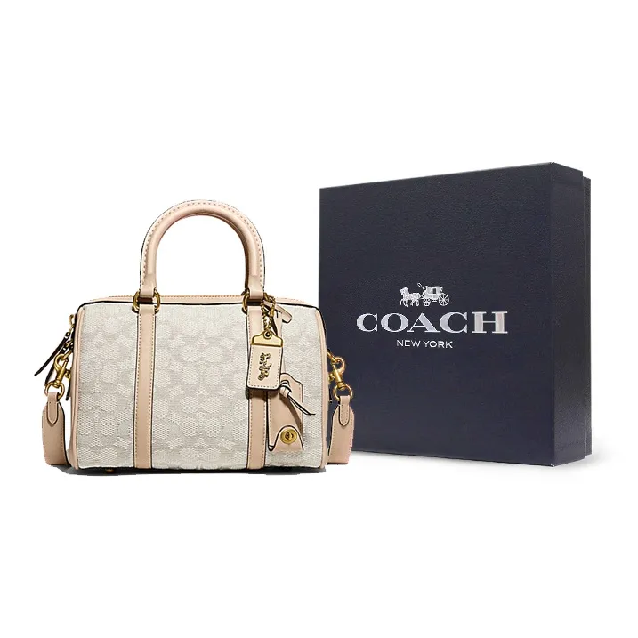 COACH Jacquard Fabric With Cow Leather Handbag Boston, Shoulder Bag, Crossbody Bag Medium Size Women's Pink-0
