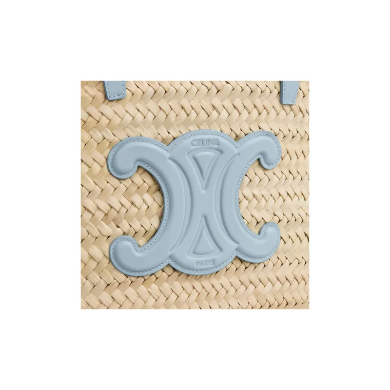 CELINE Triomphe Palm Leaf Studded Leather Trim Basket Bag One Shoulder Handbag Medium Size Women's Light Blue-3