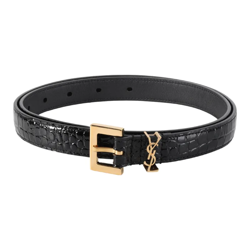 SAINT LAURENT Logo Plaque Square Buckled Embossed Belt-1