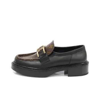 LOUIS VUITTON Academy Loafers 'Black With Brown Monogram And Gold Plate' Women's