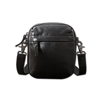 Back Step Top Grain Cow Leather Shoulder Bag Small Size Unisex Black