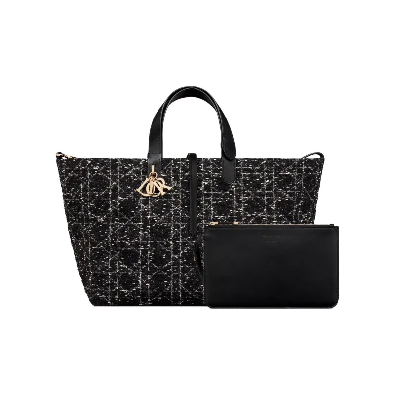 DIOR Rattan Pattern Checkered Tweed Tote Bag, Shopping Bag, Indigenous Bag, Handbag Large Size Women's Black-1