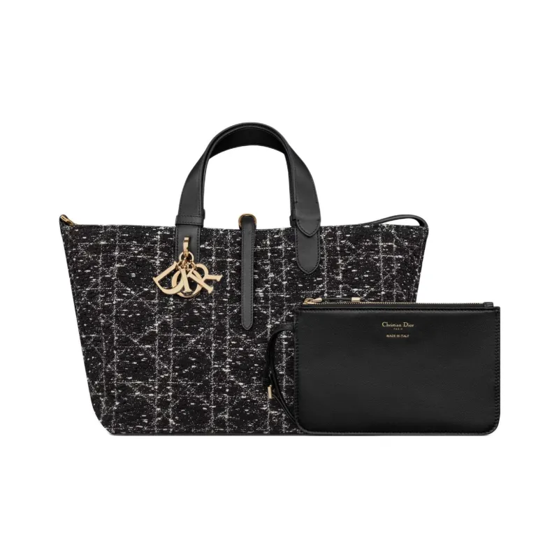 DIOR Tweed Embroidery Tote Bag Shopping Bag Handbag Shoulder Bag Medium Size Women's Black-1