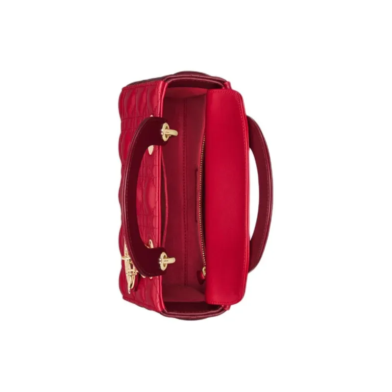 DIOR Lady Dior Wicker Lambskin Shoulder Bag Crossbody Bag Handbag Small Size Women's Garnet Red With Burgundy Accents-3