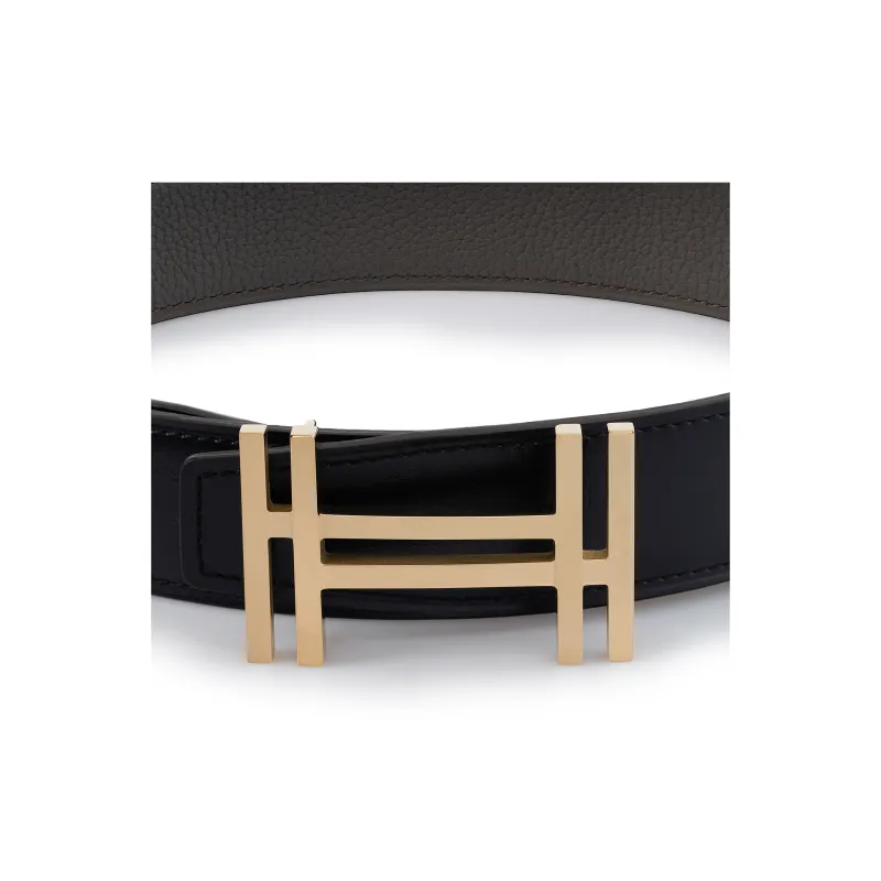 HERMES Togo Calfskin Double-Sided Leather Belt Men's Black/Tin Gray Width: 3.2cm-1