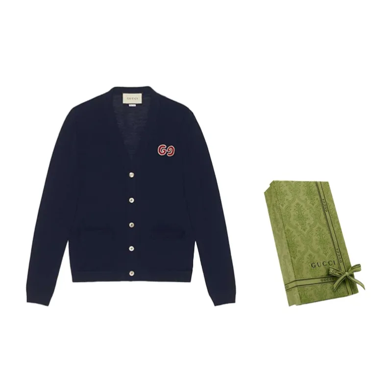 GUCCI GUCCI GG Embroidered Wool Cardigan Knitted Top Navy-2