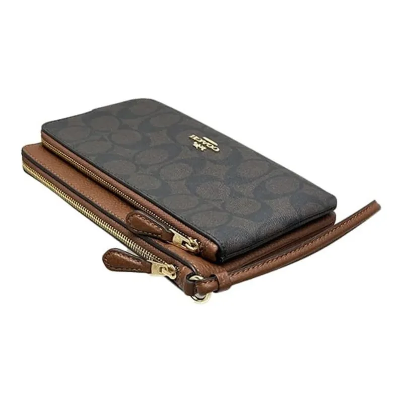 COACH Double Zip Wallet Canvas With Leather Coin Purse Wrist Bag Wallet Women's Black & Brown-2