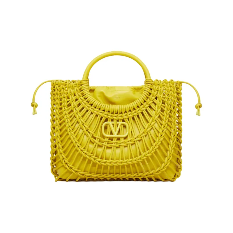 Valentino Woven Leather Tote Bag Shopping Bag Handbag Women's Cedar Yellow-0