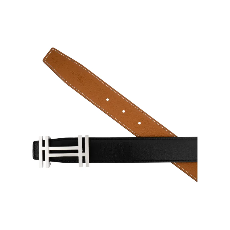 HERMES Cow Leather Belt Men's Black/Gold Width: 3.2cm-2