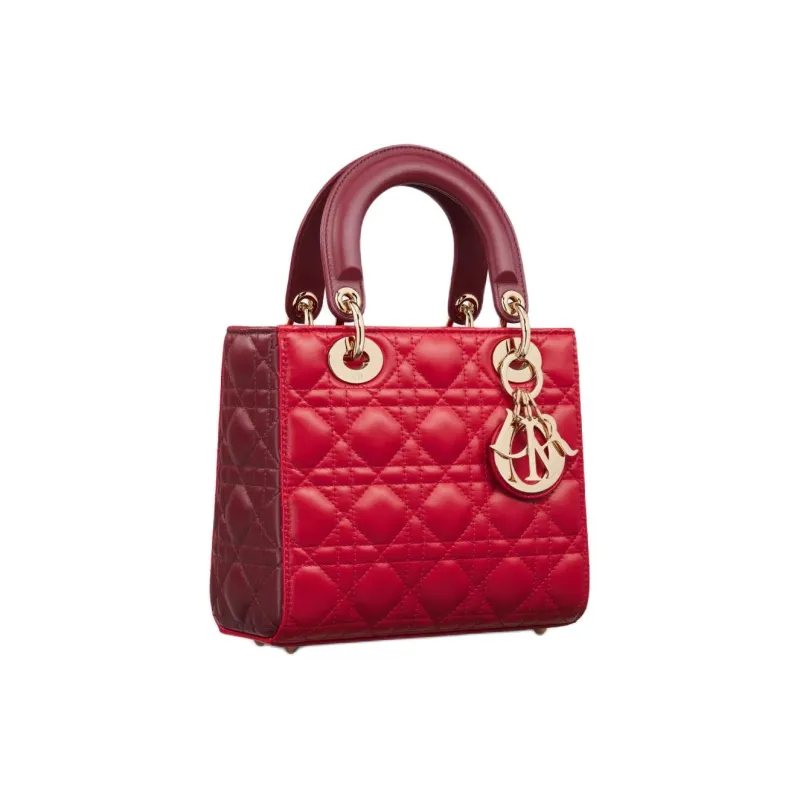 DIOR Lady Dior Wicker Lambskin Shoulder Bag Crossbody Bag Handbag Small Size Women's Garnet Red With Burgundy Accents-1