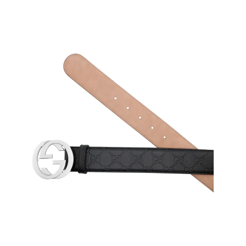 GUCCI Suede Lining Double G Signature Cow Leather Belt Men's Black Width 4cm-3