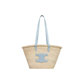 CELINE Triomphe Palm Leaf Studded Leather Trim Basket Bag One Shoulder Handbag Medium Size Women's Light Blue