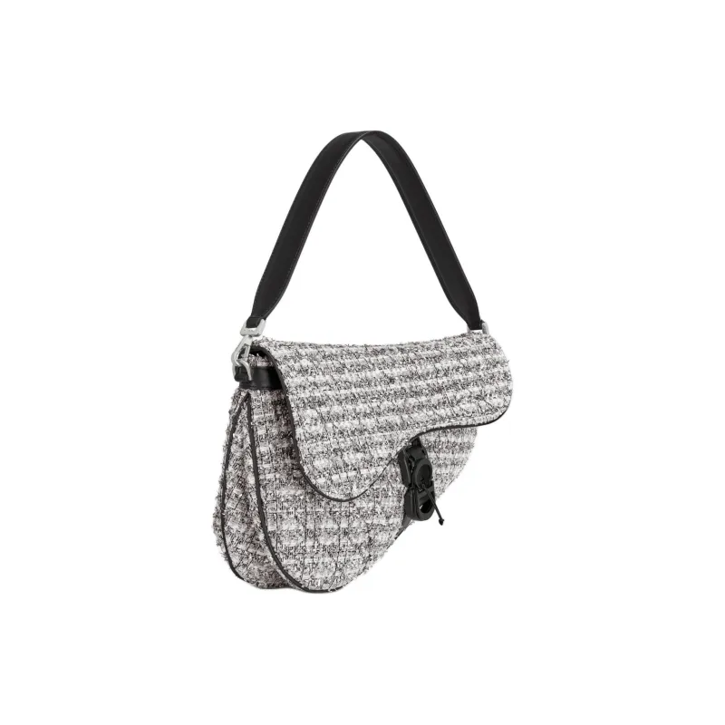 DIOR Saddle Wicker Pattern Tweed Saddle Bag Portable Crossbody Bag Shoulder Bag Men's Silver-1
