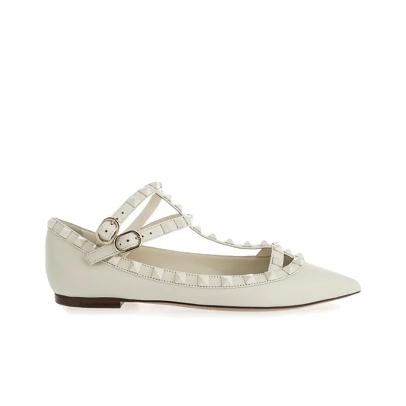 Valentino Rockstud Flat Shoes Women's White-1