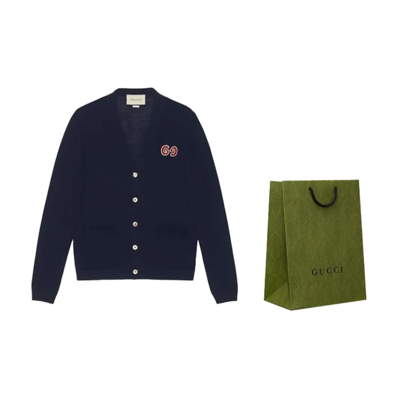 GUCCI GUCCI GG Embroidered Wool Cardigan Knitted Top Navy-1