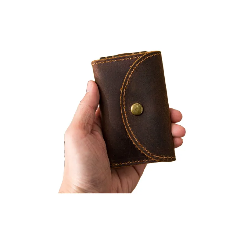 Back Step Top Grain Cow Leather, Genuine Leather Key Card Holder Regular Unisex Coffee-3