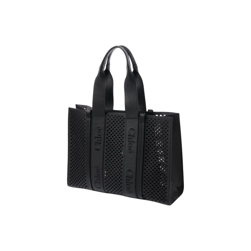 Chloe Woody Grain Calfskin Tote Bag, Shopping Bag, Handbag Tubas Women's Black-1