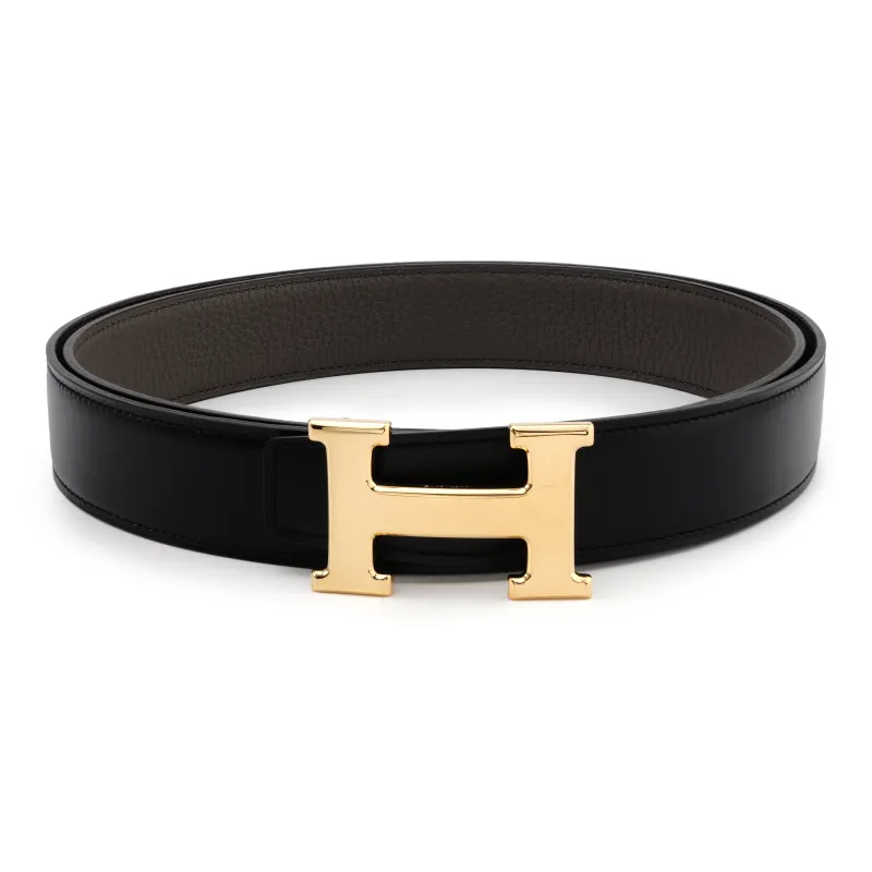 HERMES Cow Leather Leather Belts Men's Black/Tin Gray Width: 3.2cm-0