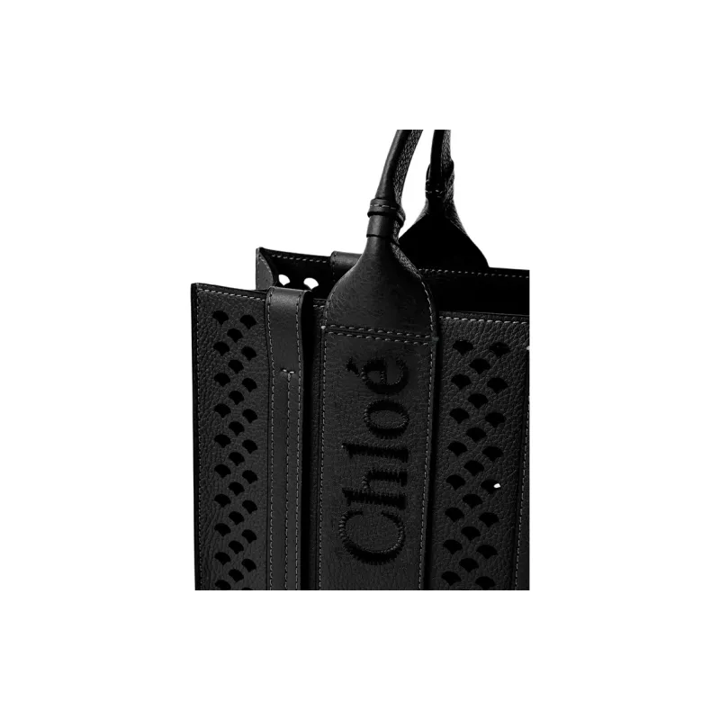 Chloe Woody Grain Calfskin Tote Bag, Shopping Bag, Shoulder Bag, Crossbody Bag, Handbag Small Size Women's Black-3