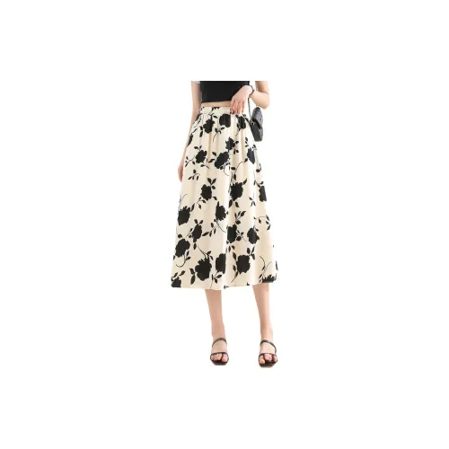 Like the age of water Casual Long Skirts Women's Off White With Floral Pattern