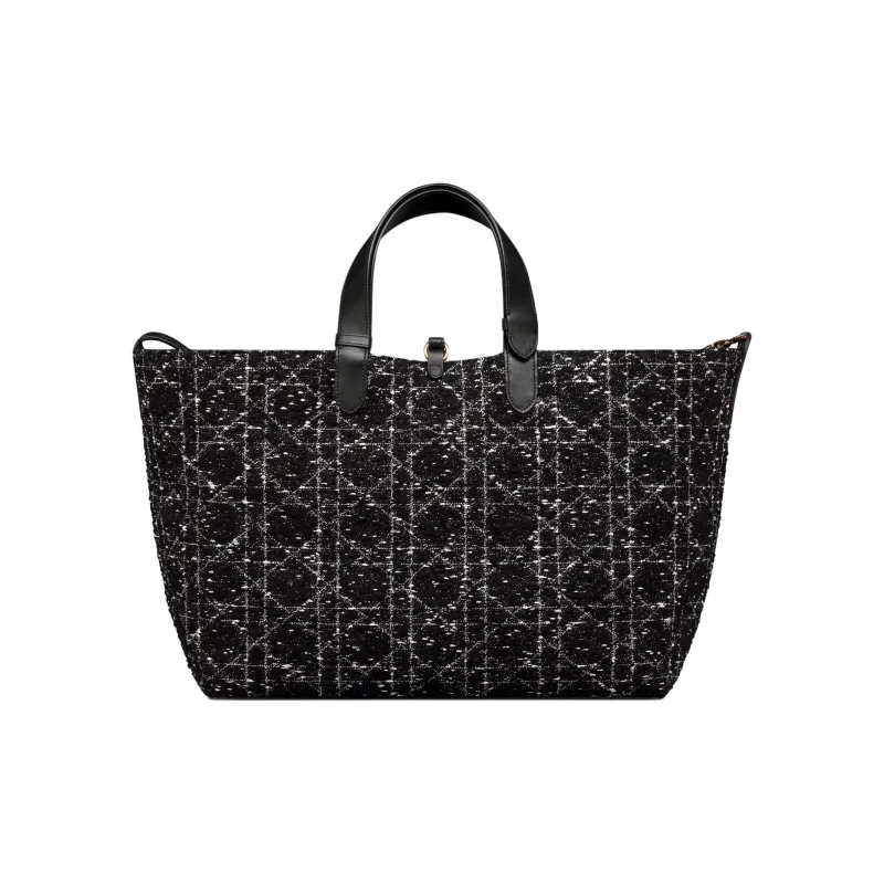 DIOR Rattan Pattern Checkered Tweed Tote Bag, Shopping Bag, Indigenous Bag, Handbag Large Size Women's Black-4