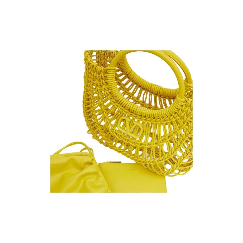 Valentino Woven Leather Tote Bag Shopping Bag Handbag Women's Cedar Yellow-6
