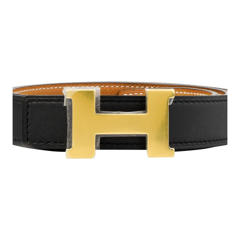 HERMES Cow Leather Leather Belts Women's Black Gold Width 2.4CM-1