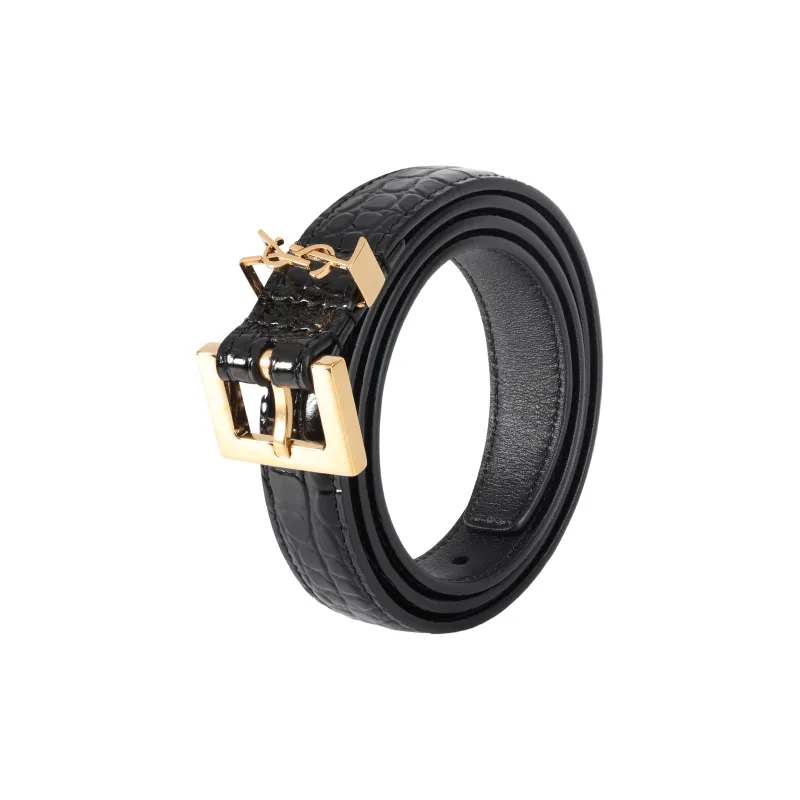 SAINT LAURENT Logo Plaque Square Buckled Embossed Belt-2
