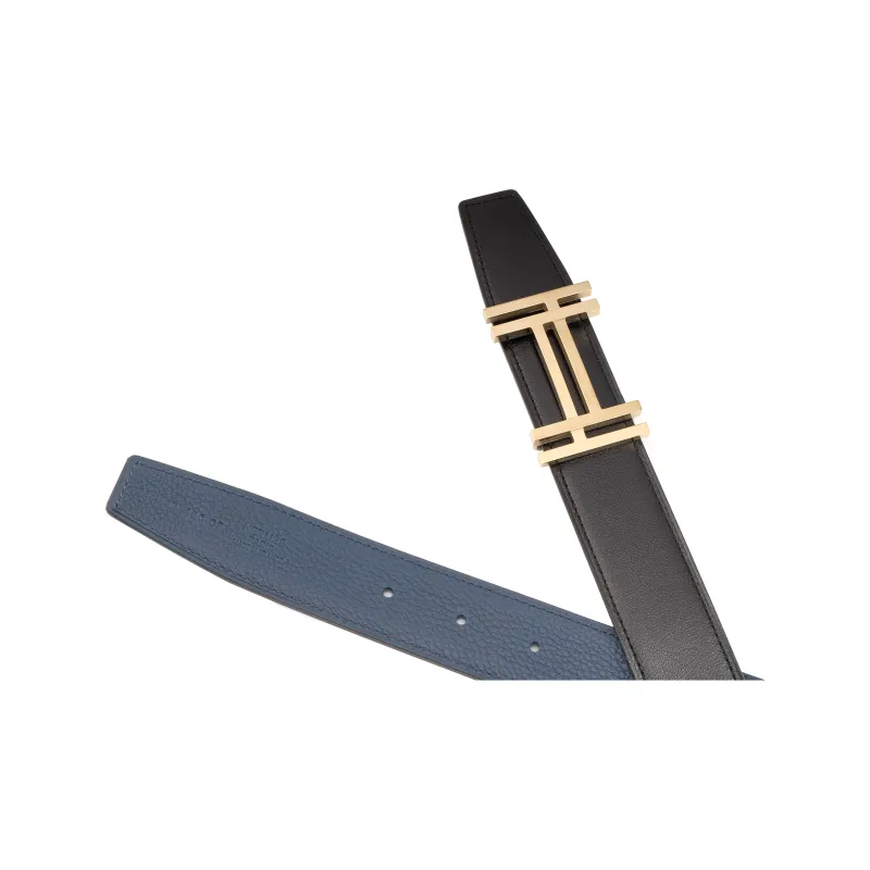 HERMES Cow Leather Belts Men's Black/Prussian Blue Width 3.2cm-3