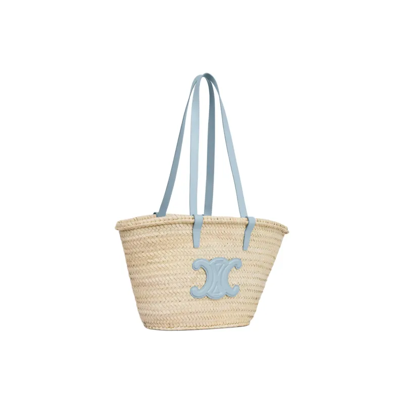 CELINE Triomphe Palm Leaf Studded Leather Trim Basket Bag One Shoulder Handbag Medium Size Women's Light Blue-1