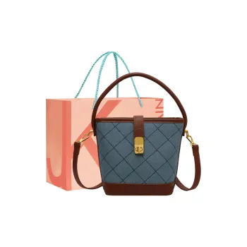 JANE KLAIN Denim Bucket Bags Shoulder Bag Crossbody Bag Handbag Medium Size Women's Khaki Blue Check/Brown