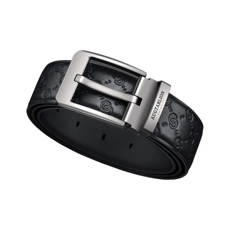 AUGTARLION Solid Color With Print Letter Pin Buckle Cow Leather Leather Belts Men's Black Width  3.5cm-3