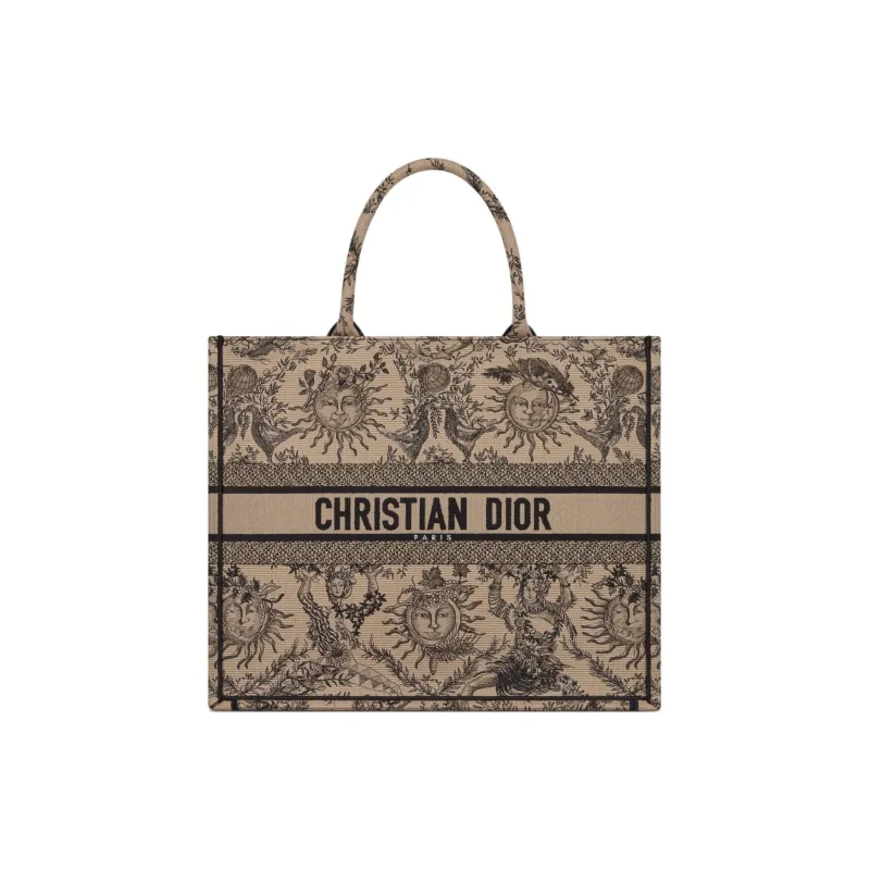 DIOR BookTote Soleil Ruiyi Print Embroidery Tote Bag Shopping Bag Shoulder Bag Handbag Large Size Women's Beige & Black-0