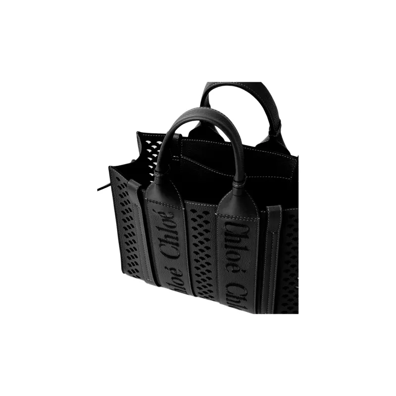 Chloe Woody Grain Calfskin Tote Bag, Shopping Bag, Shoulder Bag, Crossbody Bag, Handbag Small Size Women's Black-4