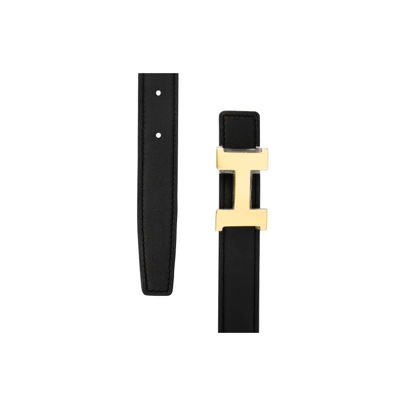 HERMES Cow Leather Leather Belts Women's Black Gold Width 2.4CM-3
