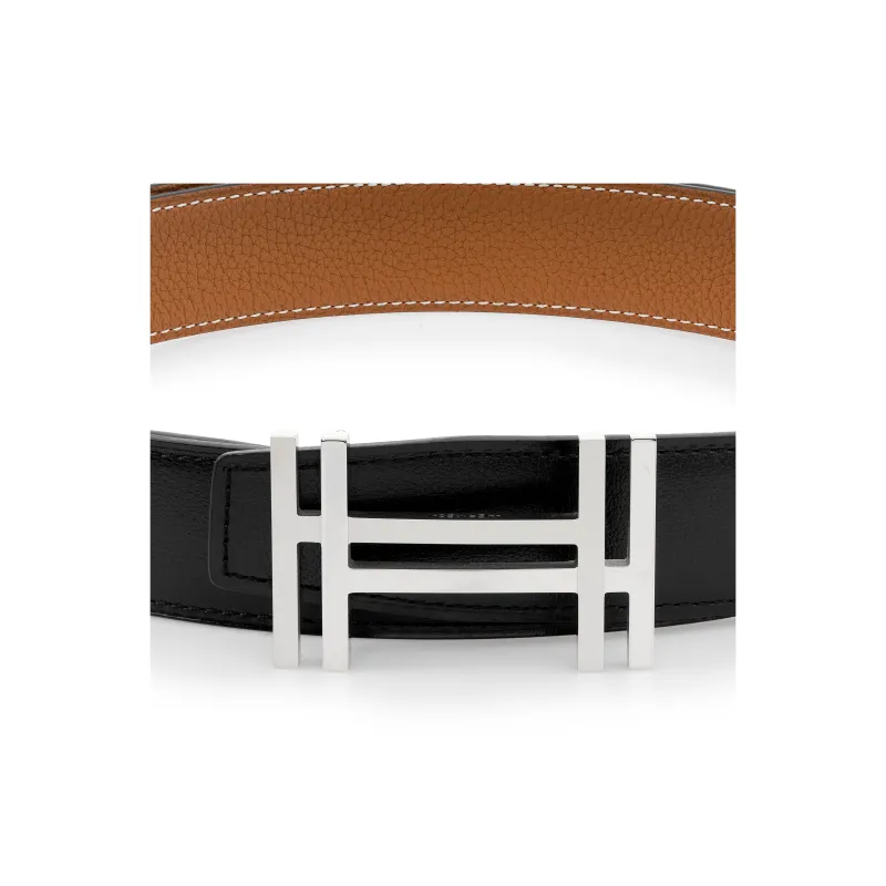 HERMES Cow Leather Belt Men's Black/Gold Width: 3.2cm-1