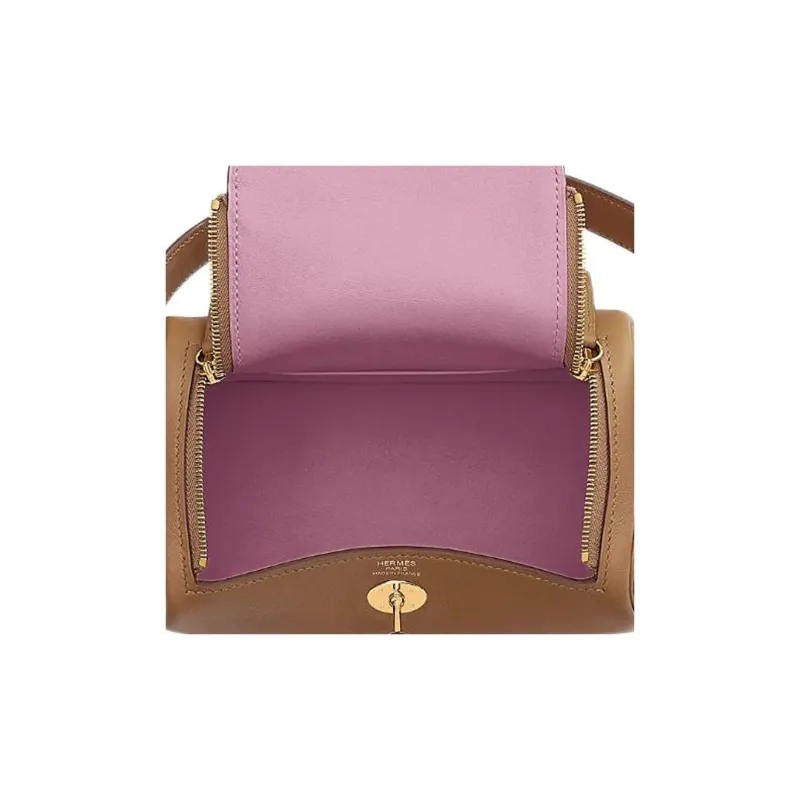 HERMES Lindy Swift Leather Handbags Shoulder Bag Crossbody Bag Mini Milk Tea Beige/Brocade Purple-3
