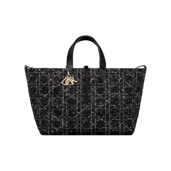 DIOR Rattan Pattern Checkered Tweed Tote Bag, Shopping Bag, Indigenous Bag, Handbag Large Size Women's Black