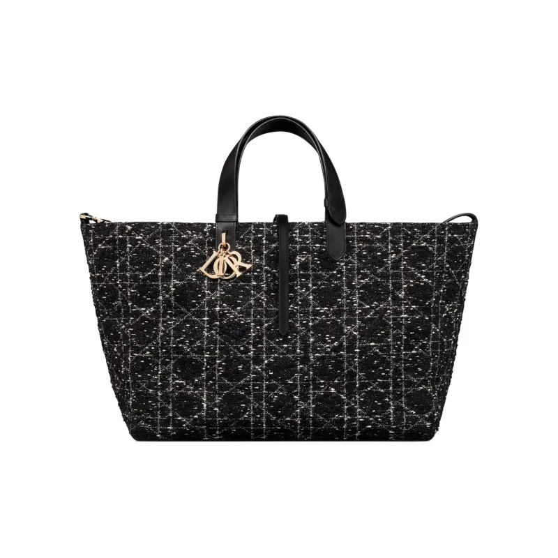 DIOR Rattan Pattern Checkered Tweed Tote Bag, Shopping Bag, Indigenous Bag, Handbag Large Size Women's Black-0