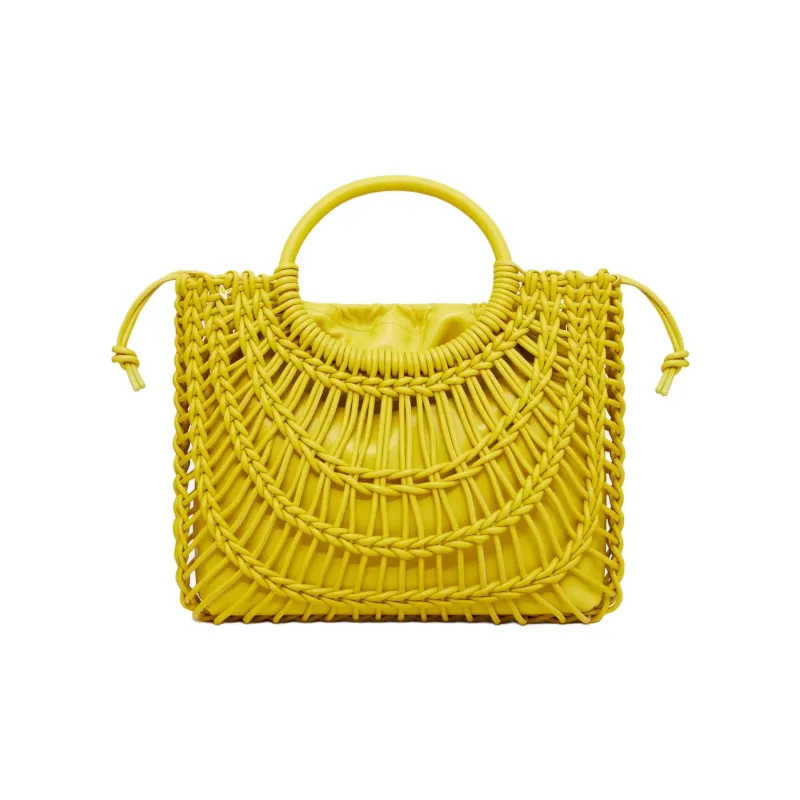 Valentino Woven Leather Tote Bag Shopping Bag Handbag Women's Cedar Yellow-3
