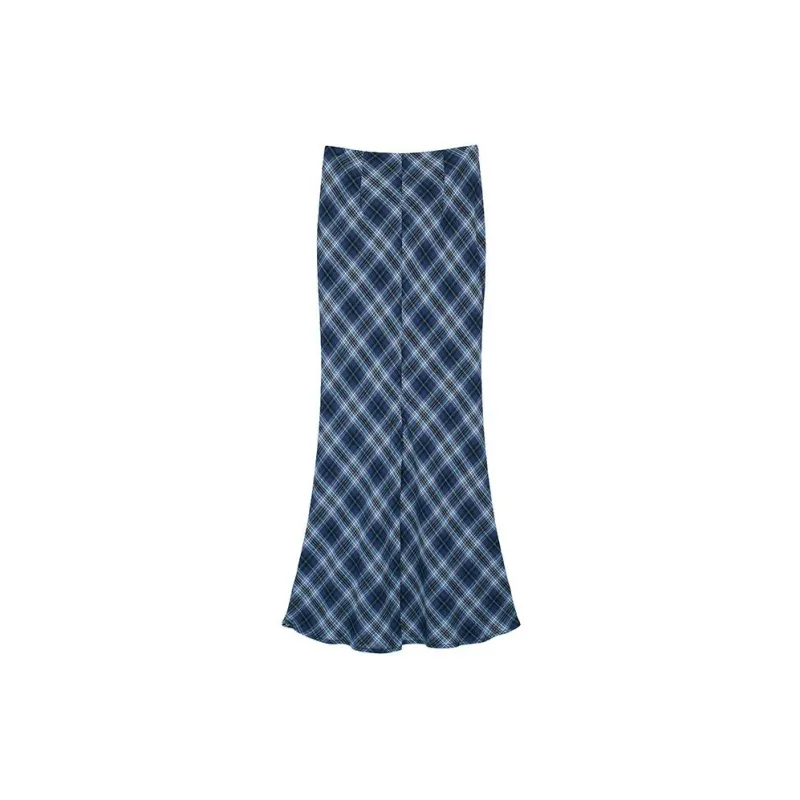 ETSE Casual Long Skirts Women's Blue Plaid-1